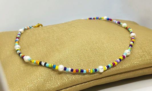 Rainbow Seed Bead and Pearl Choker: Adjustable Gold Plated Clasp