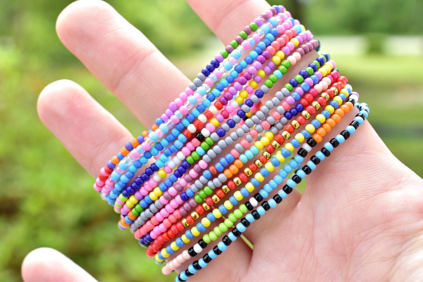Colorful Seed Bead Bracelet Stack: Handmade Stretchy Boho Jewelry