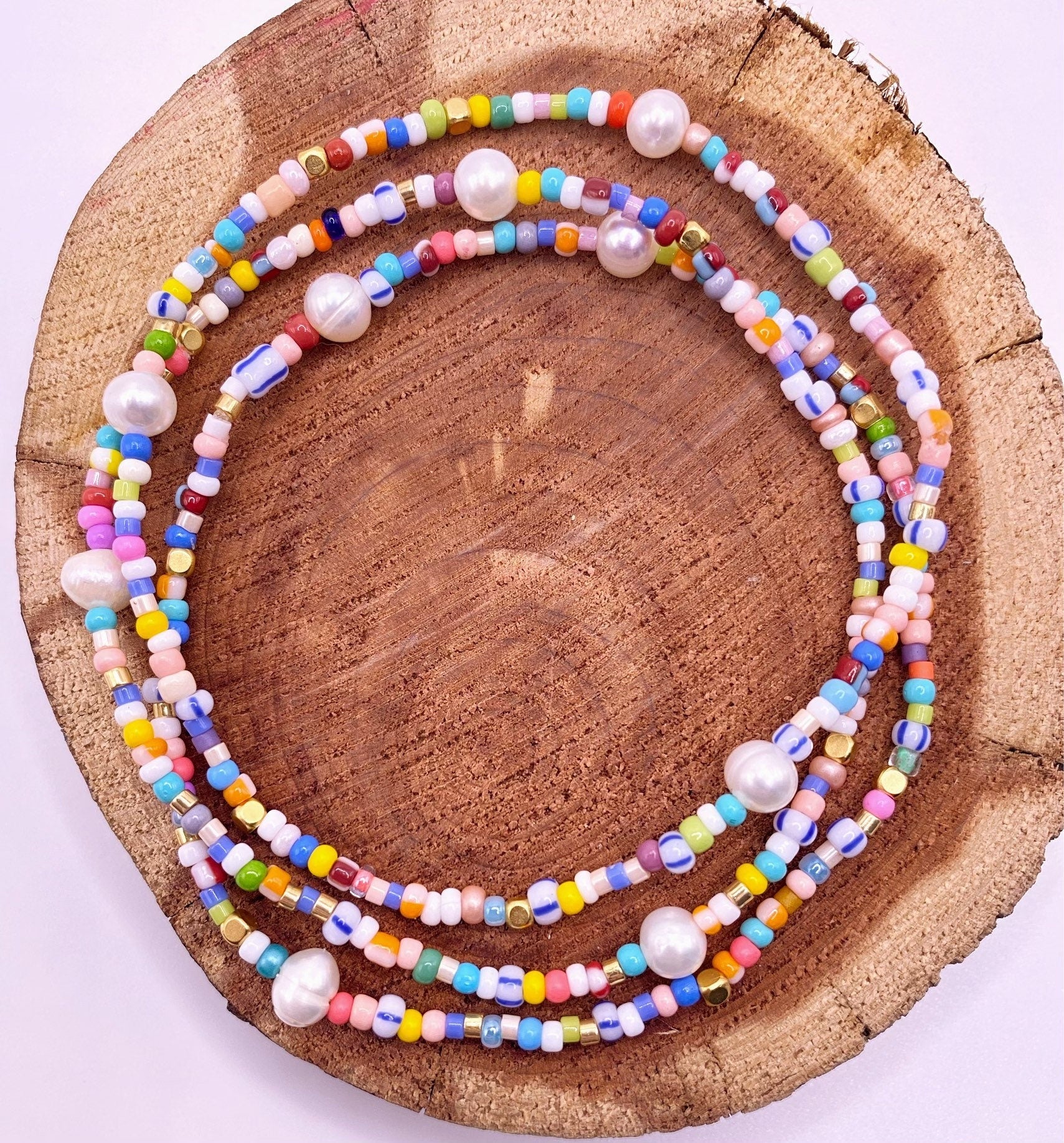 Colorful Beaded Bracelet with Freshwater Pearls, 2 mm Glass Beads, Handmade Boho Stack