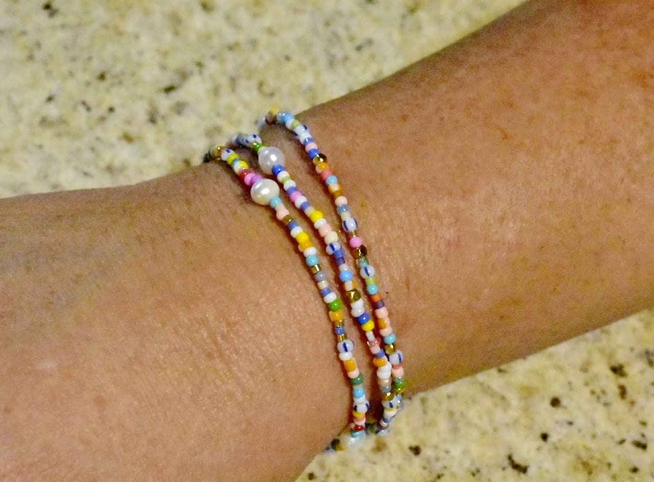 Colorful Beaded Bracelet with Freshwater Pearls, 2 mm Glass Beads, Handmade Boho Stack