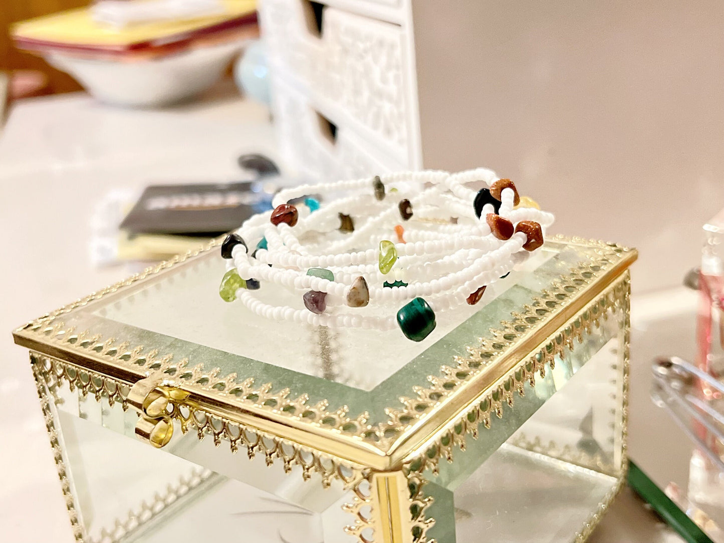 Boho Chic Elastic Wrap Bracelet with Seed Beads and Crystals