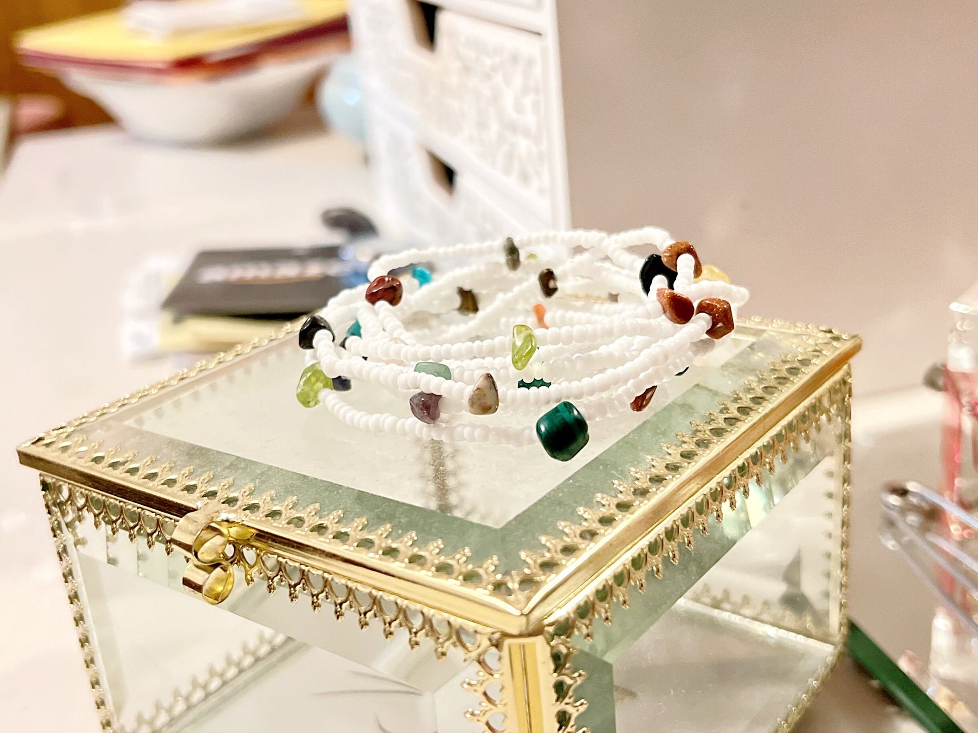 Boho Chic Elastic Wrap Bracelet with Seed Beads and Crystals