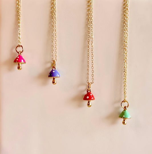 Mushroom Charm Necklace, Enamel Toadstool, Adjustable Gold Chain