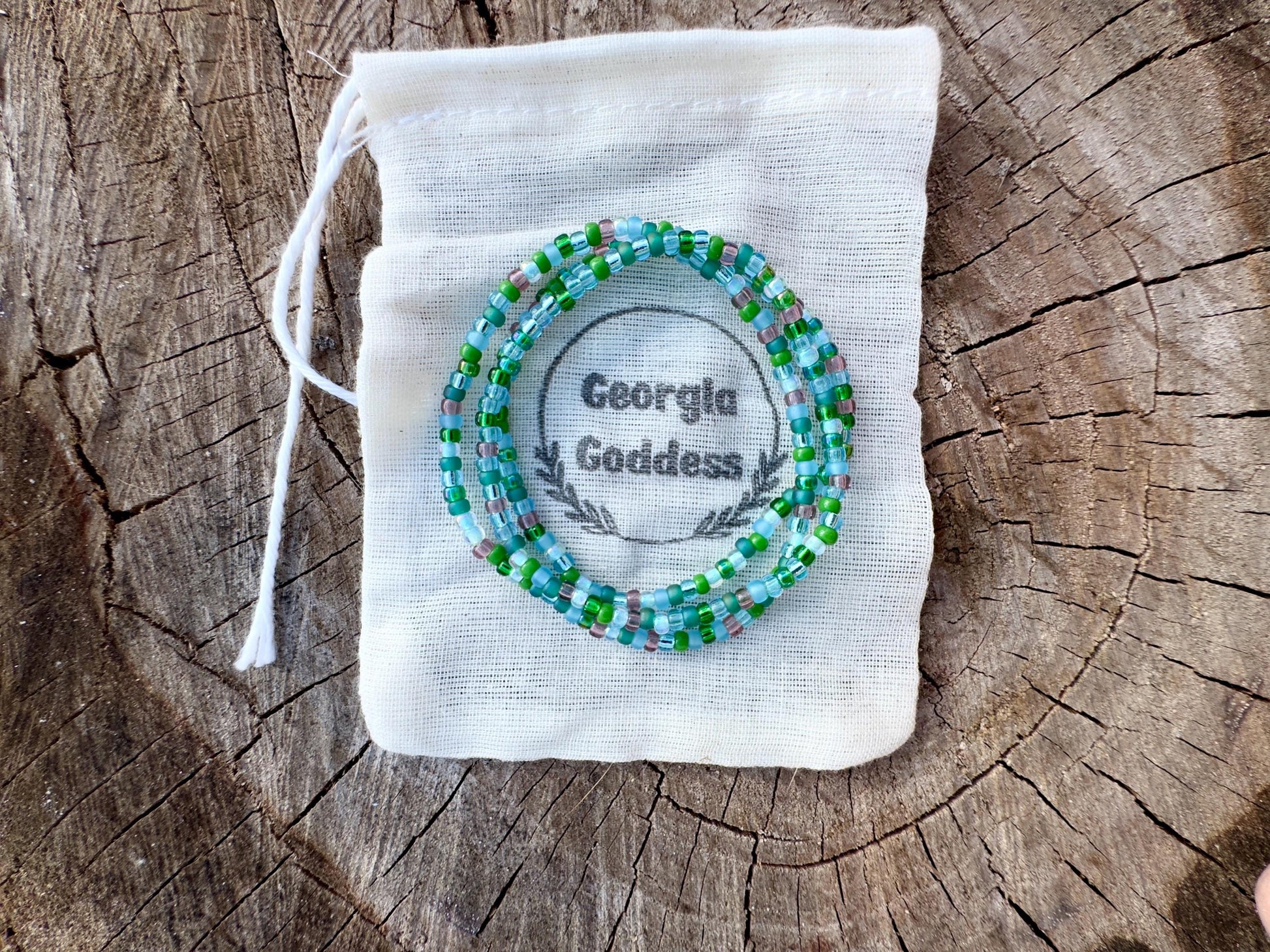 Glass Seed Bead Bracelet Set, Blue and Green, Stretch