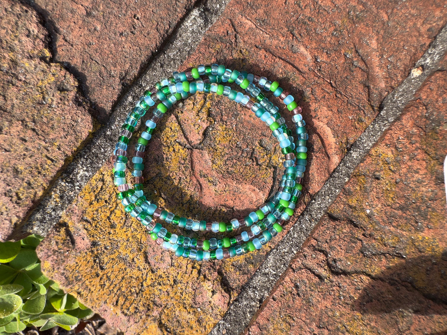 Glass Seed Bead Bracelet Set, Blue and Green, Stretch