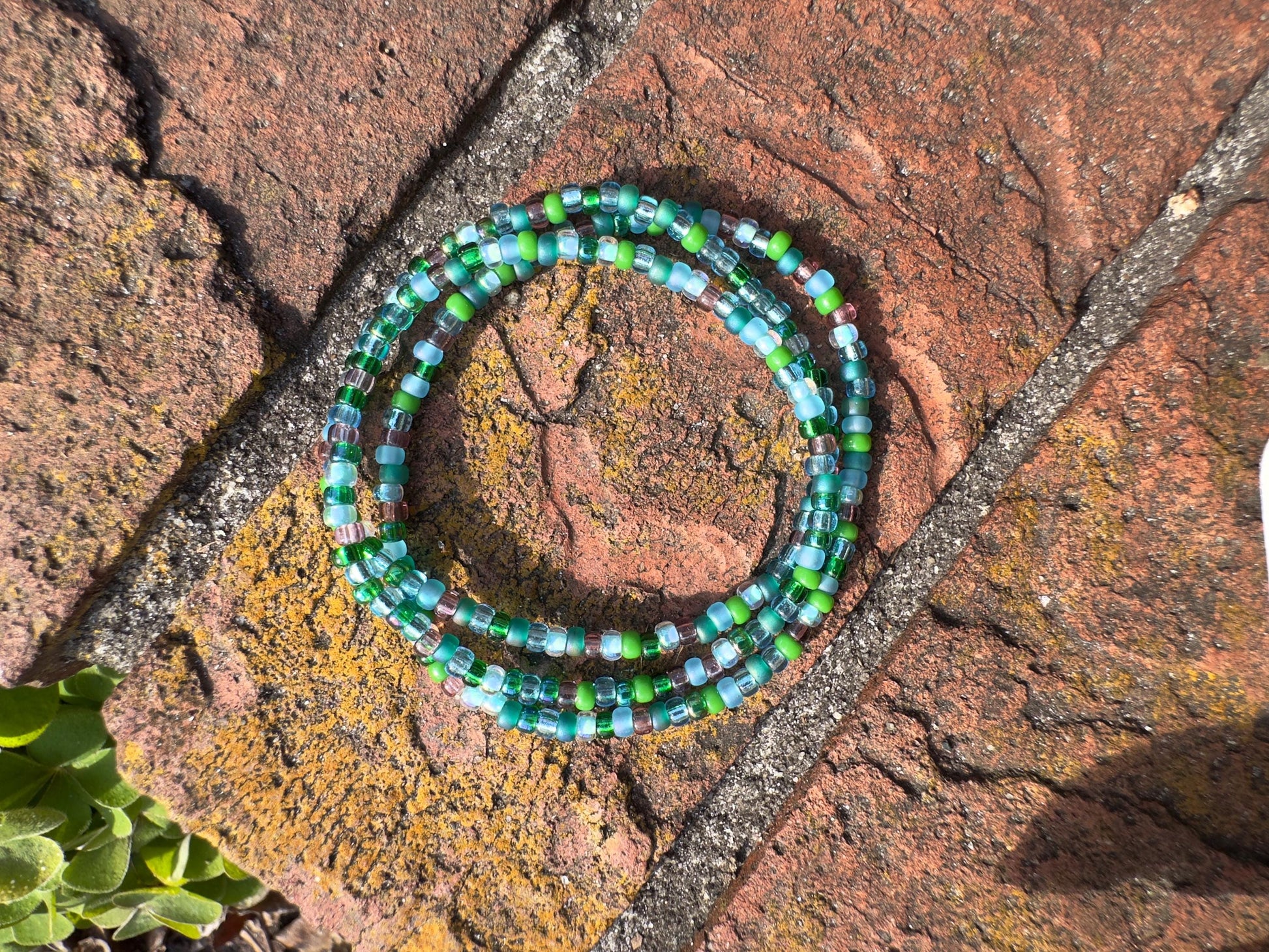 Glass Seed Bead Bracelet Set, Blue and Green, Stretch