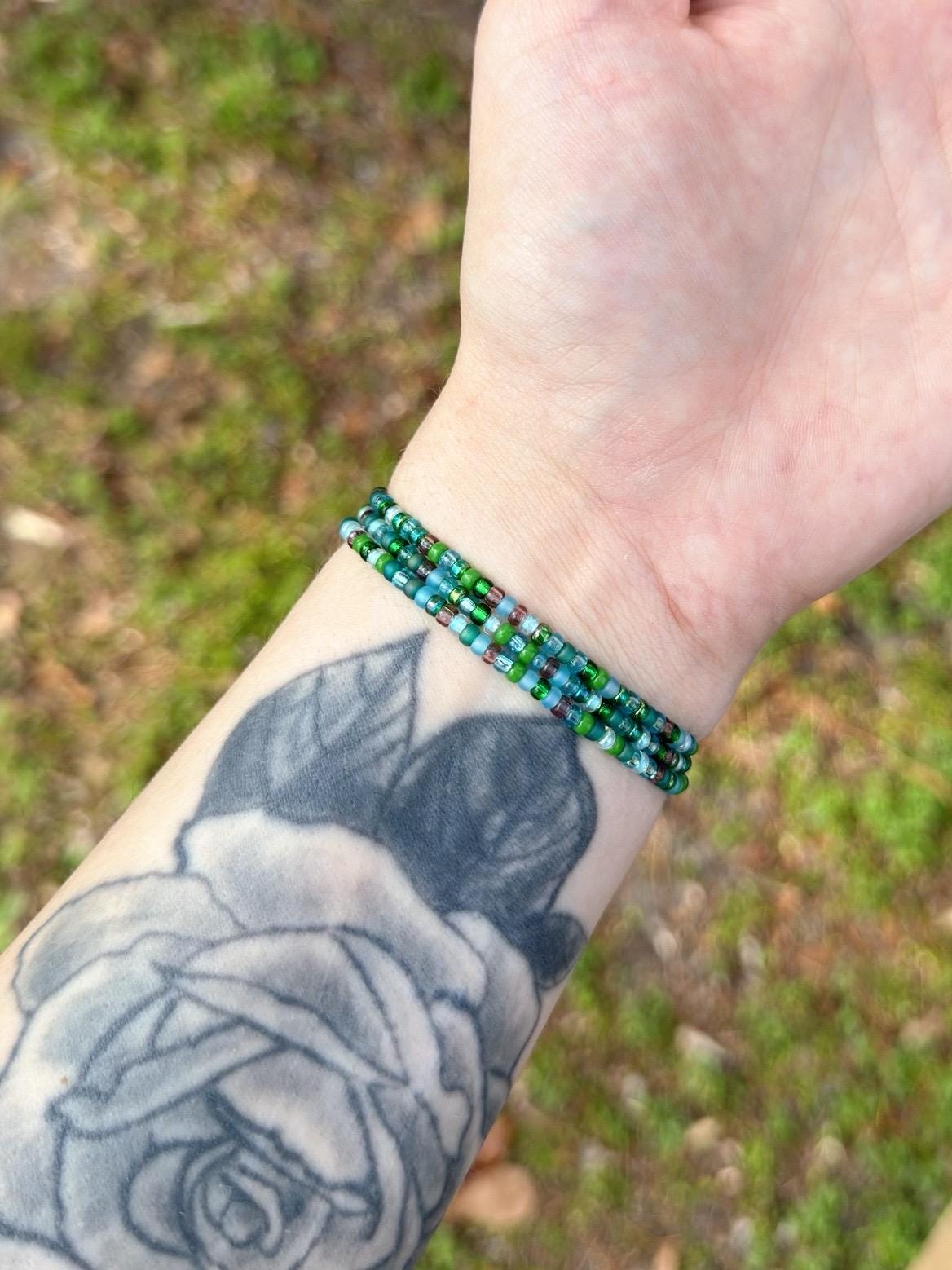 Glass Seed Bead Bracelet Set, Blue and Green, Stretch