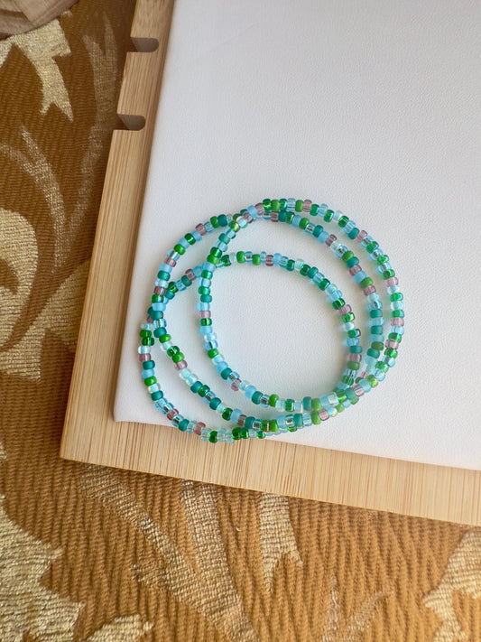 Glass Seed Bead Bracelet Set, Blue and Green, Stretch