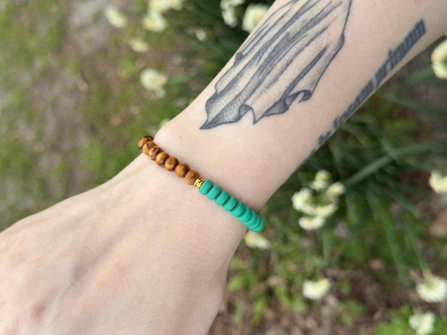 Boho Green Silicone & Wood Beaded Stretch Bracelet