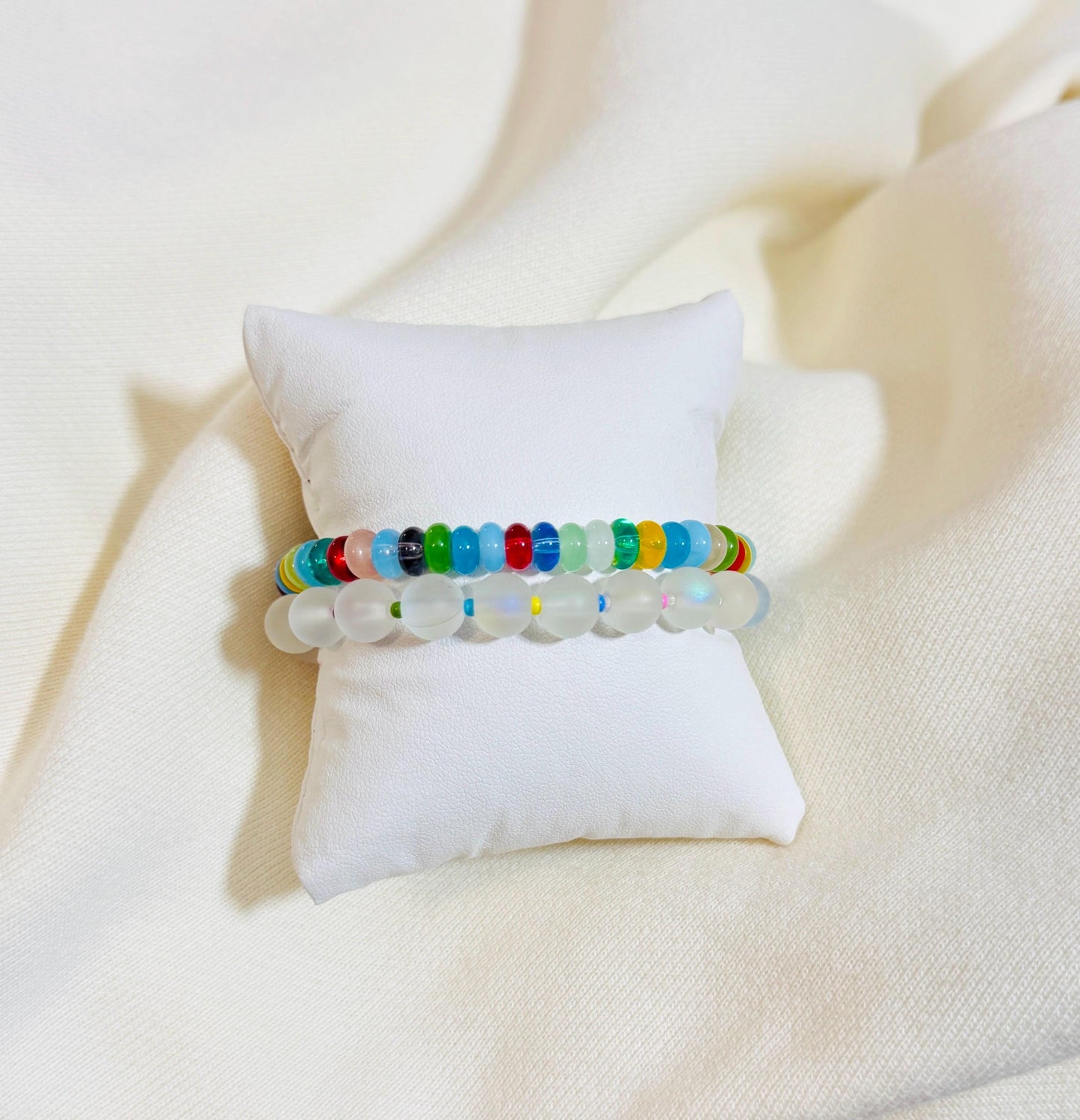 Colorful Glass Bead Bracelet Duo – Stretch Stackable Set of 2