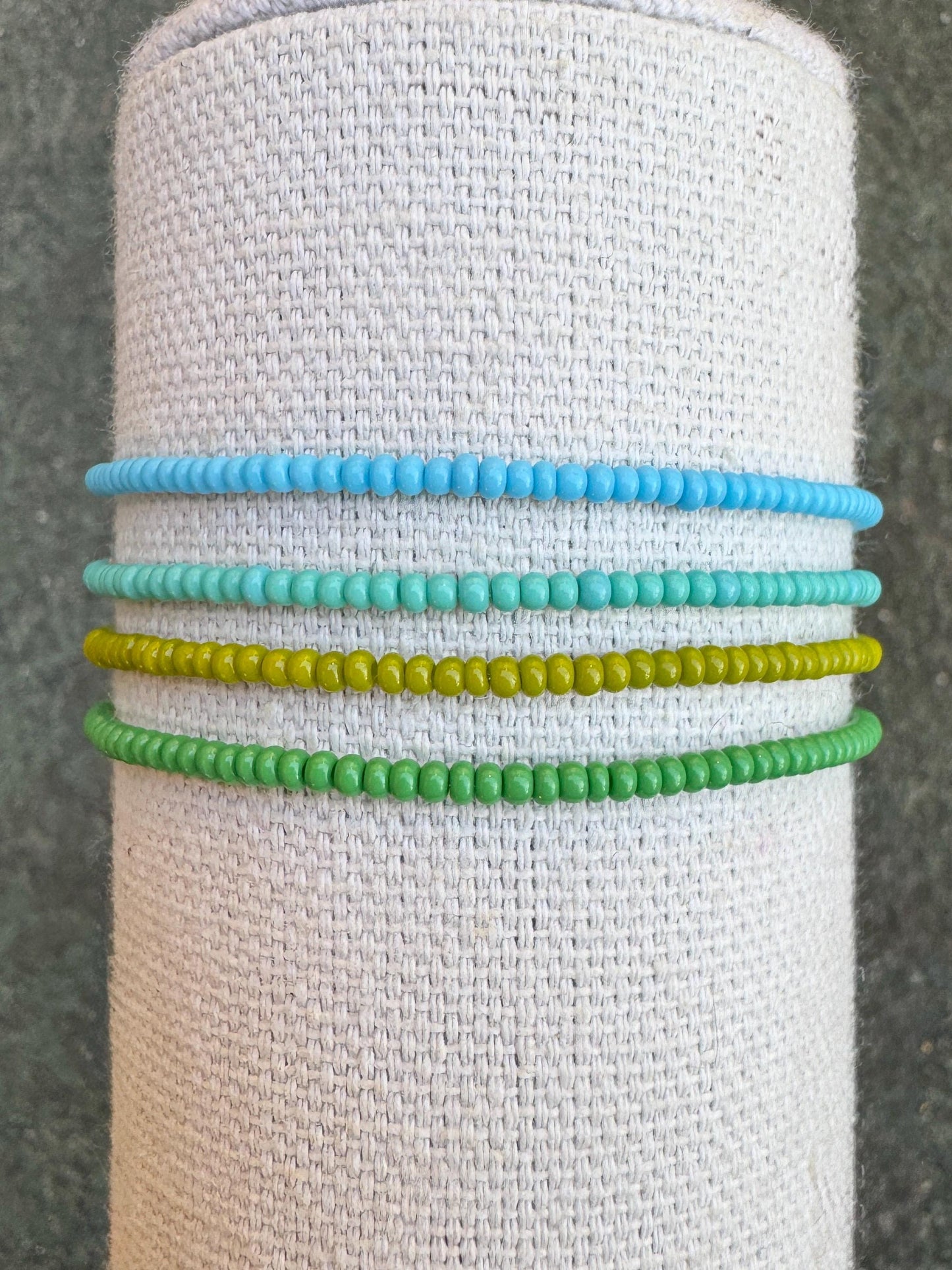 Blue Green Seed Bead Bracelet Set: Boho Stretch Stack, Lagoon Colors