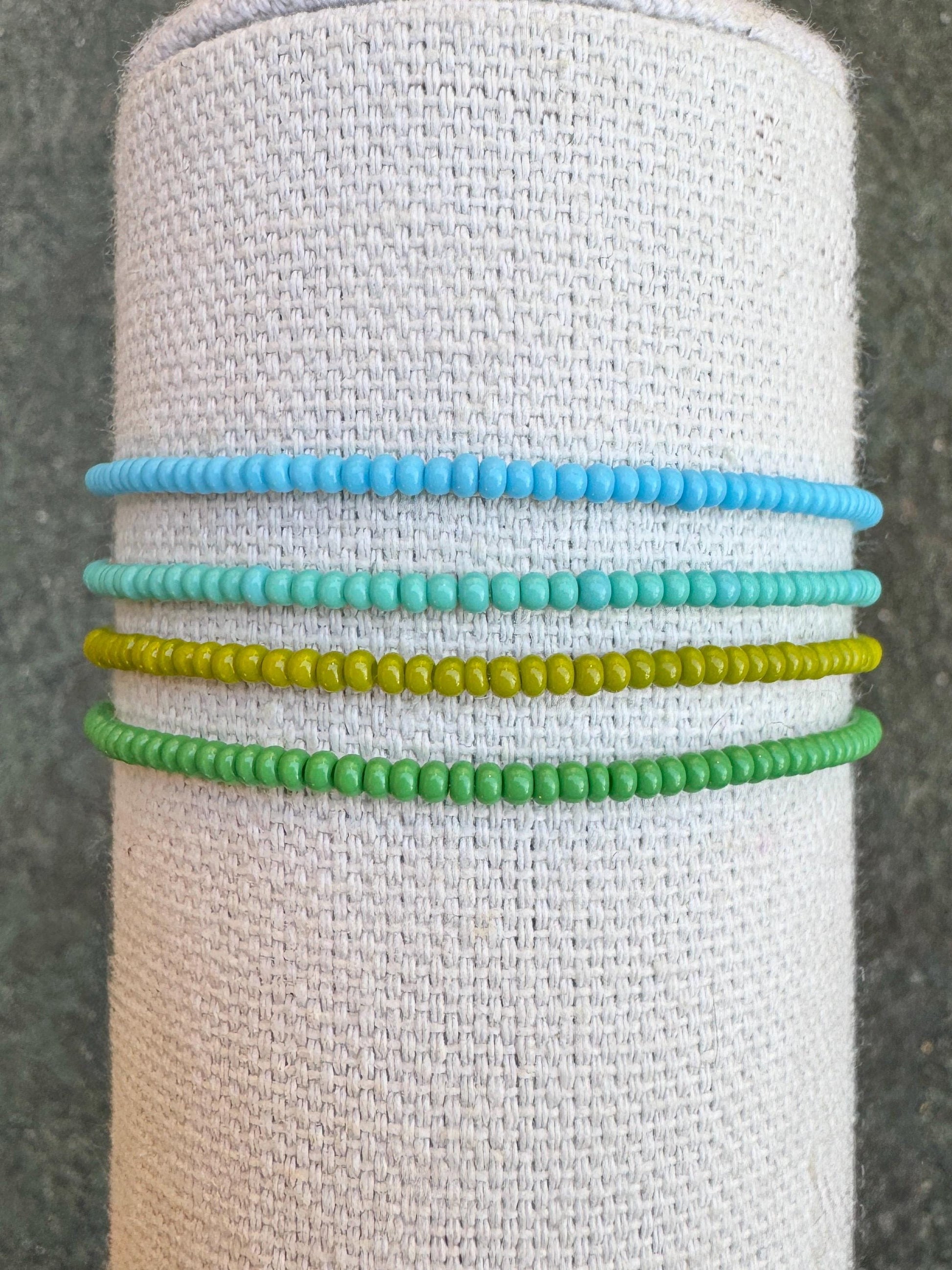 Blue Green Seed Bead Bracelet Set: Boho Stretch Stack, Lagoon Colors