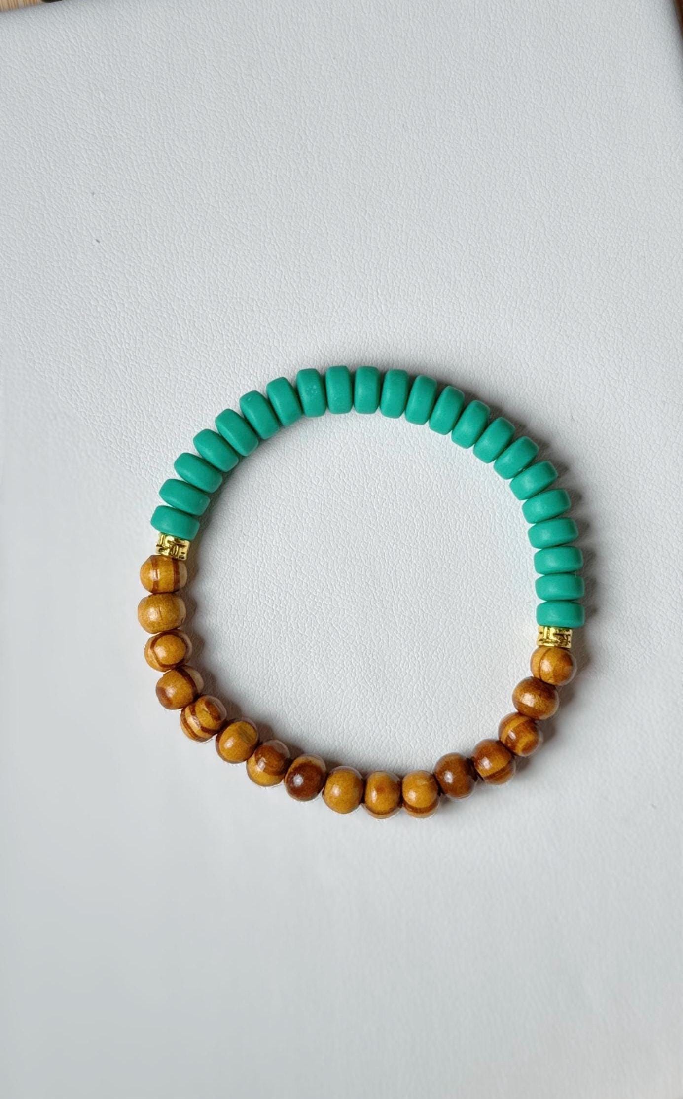 Boho Green Silicone & Wood Beaded Stretch Bracelet