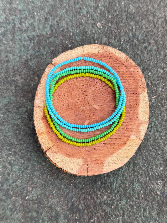 Blue Green Seed Bead Bracelet Set: Boho Stretch Stack, Lagoon Colors