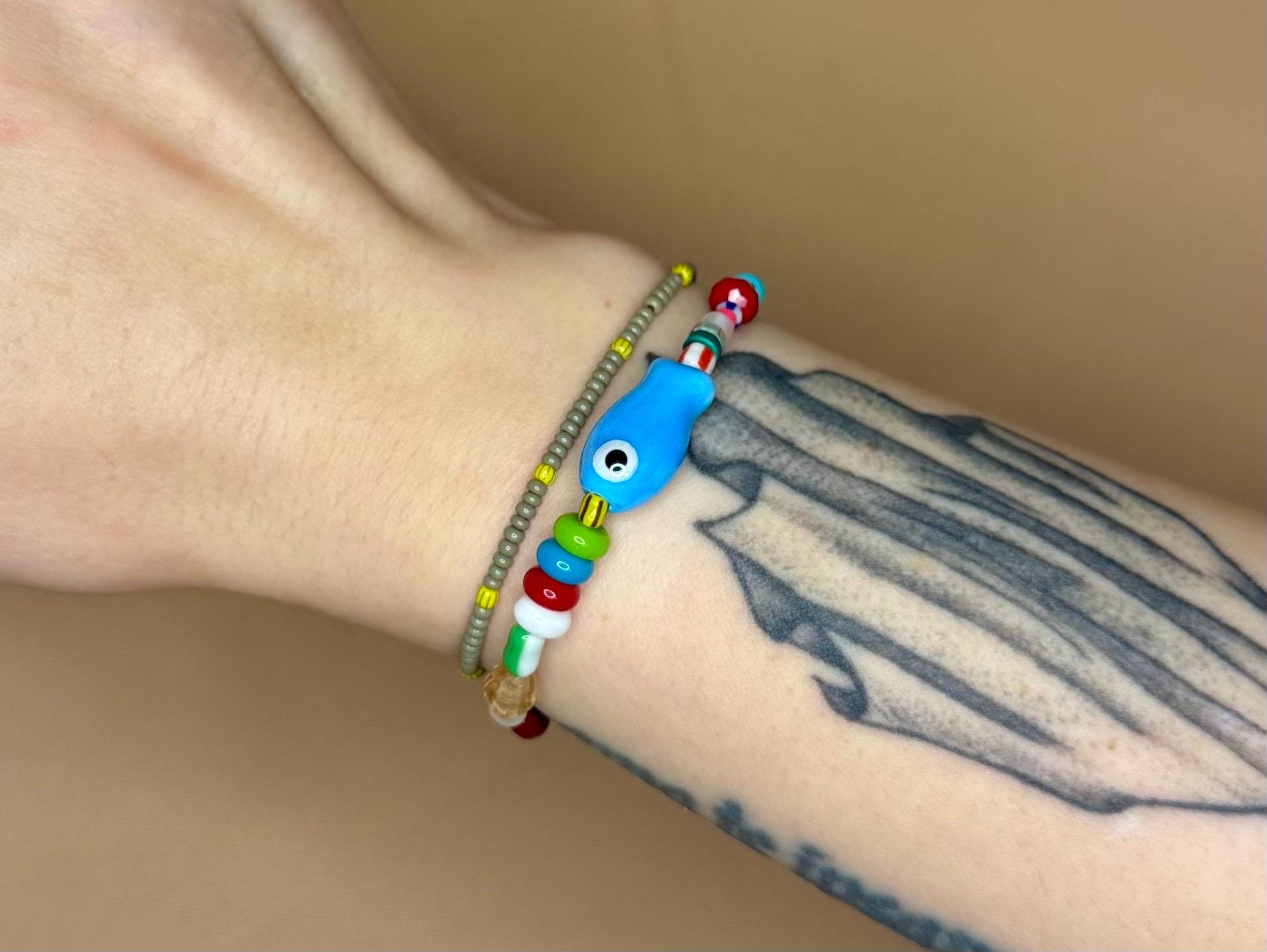 Evil Eye Fish Charm Bracelet: Freshwater Pearls & Glass Beads