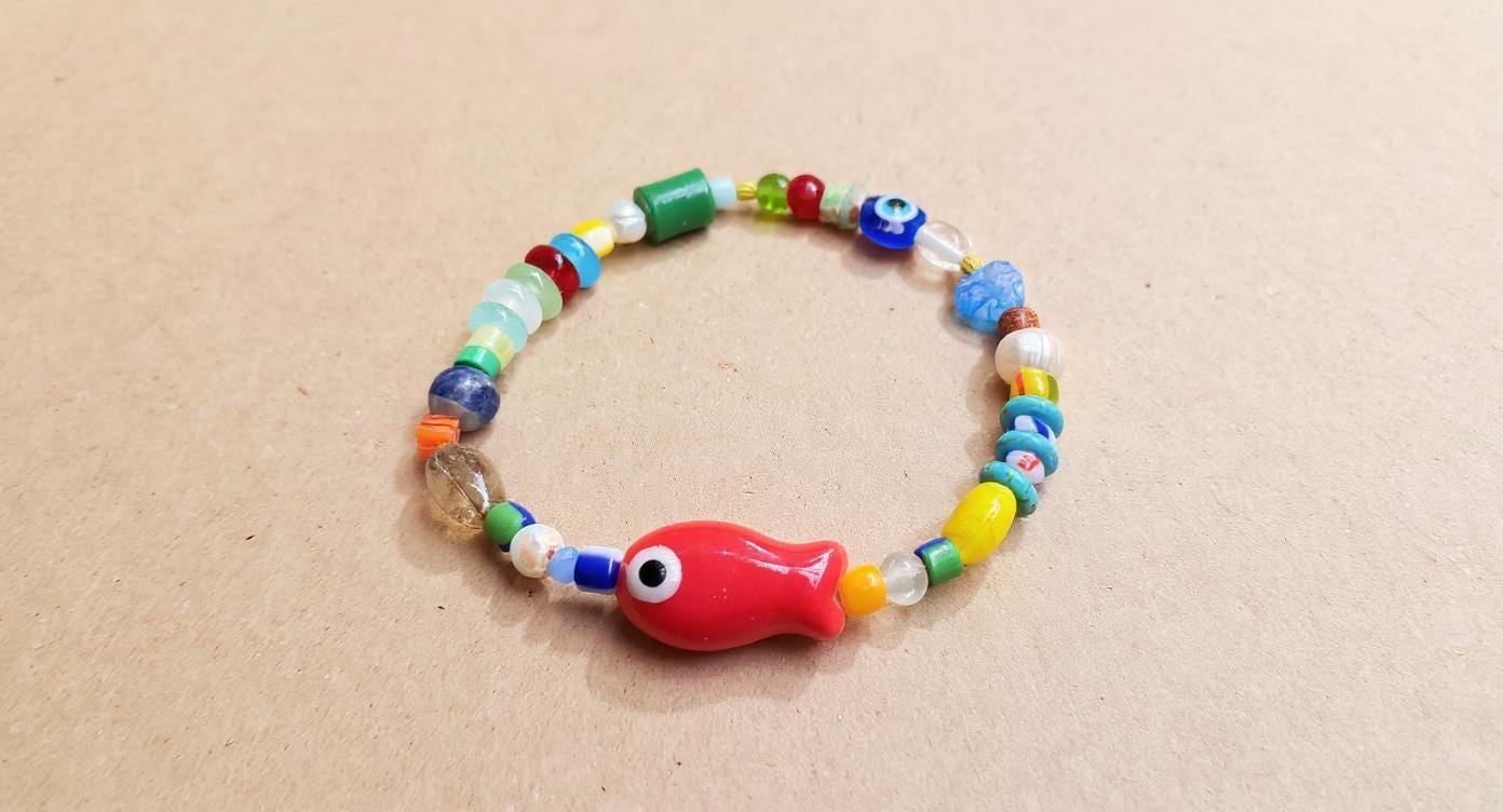 Evil Eye Fish Charm Bracelet: Freshwater Pearls & Glass Beads