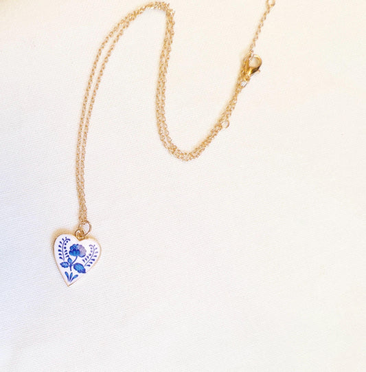 Porcelain Heart Necklace, Blue and White Floral, Adjustable Gold Chain