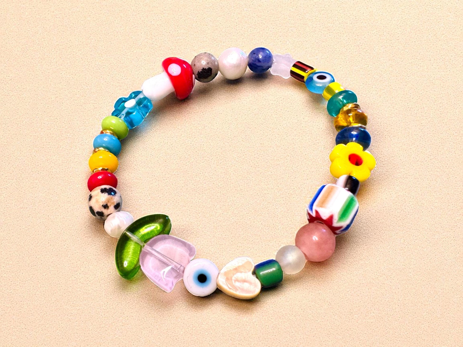Colorful Beaded Stretch Bracelet: Glass Gemstone Charms, Handmade