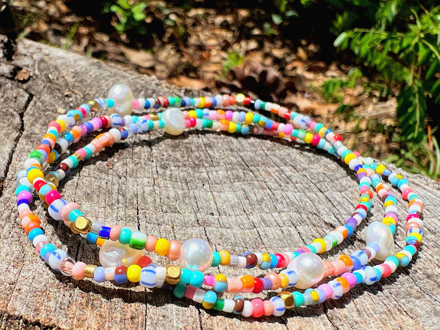 Colorful Beaded Bracelet with Freshwater Pearls, 2 mm Glass Beads, Handmade Boho Stack