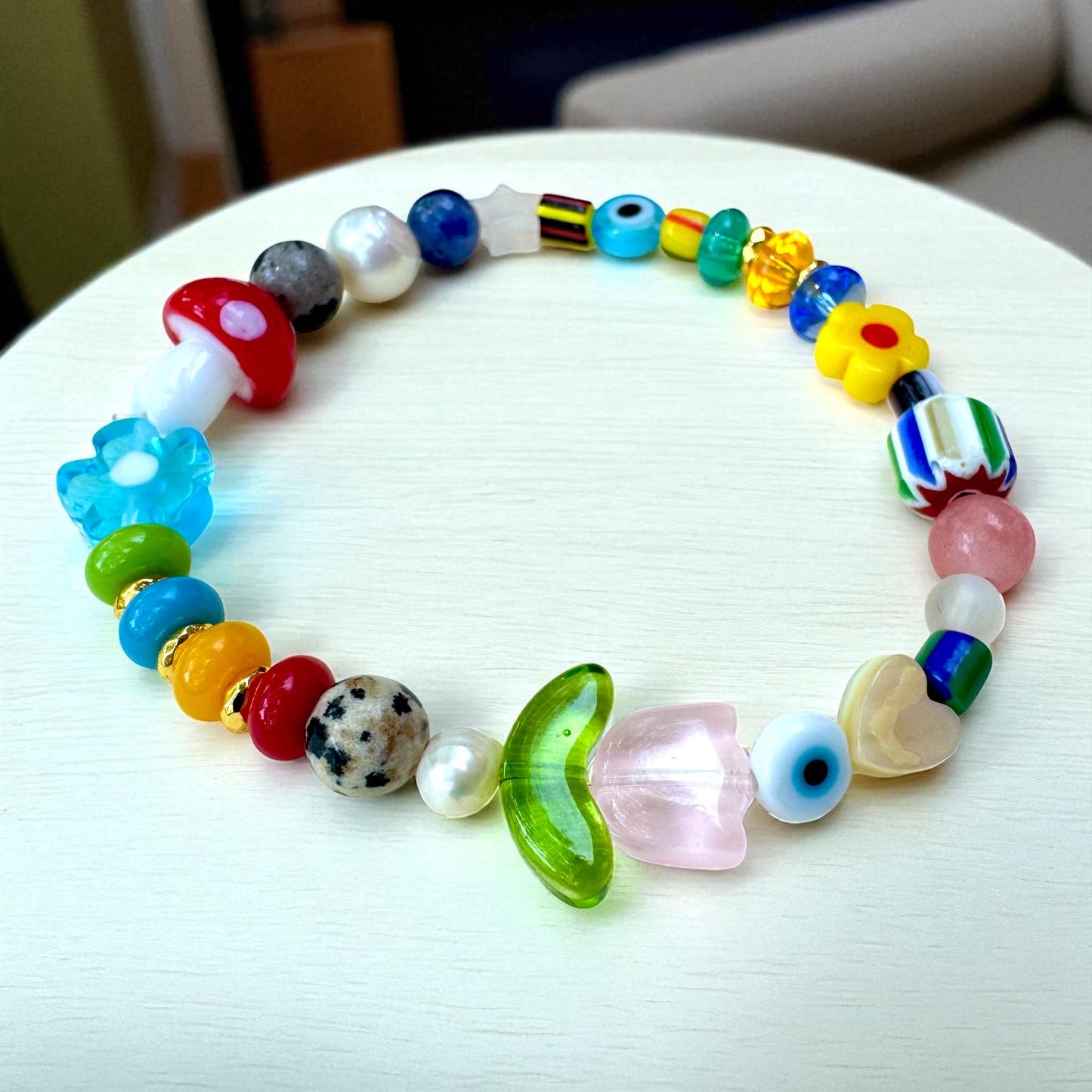 Colorful Beaded Stretch Bracelet: Glass Gemstone Charms, Handmade