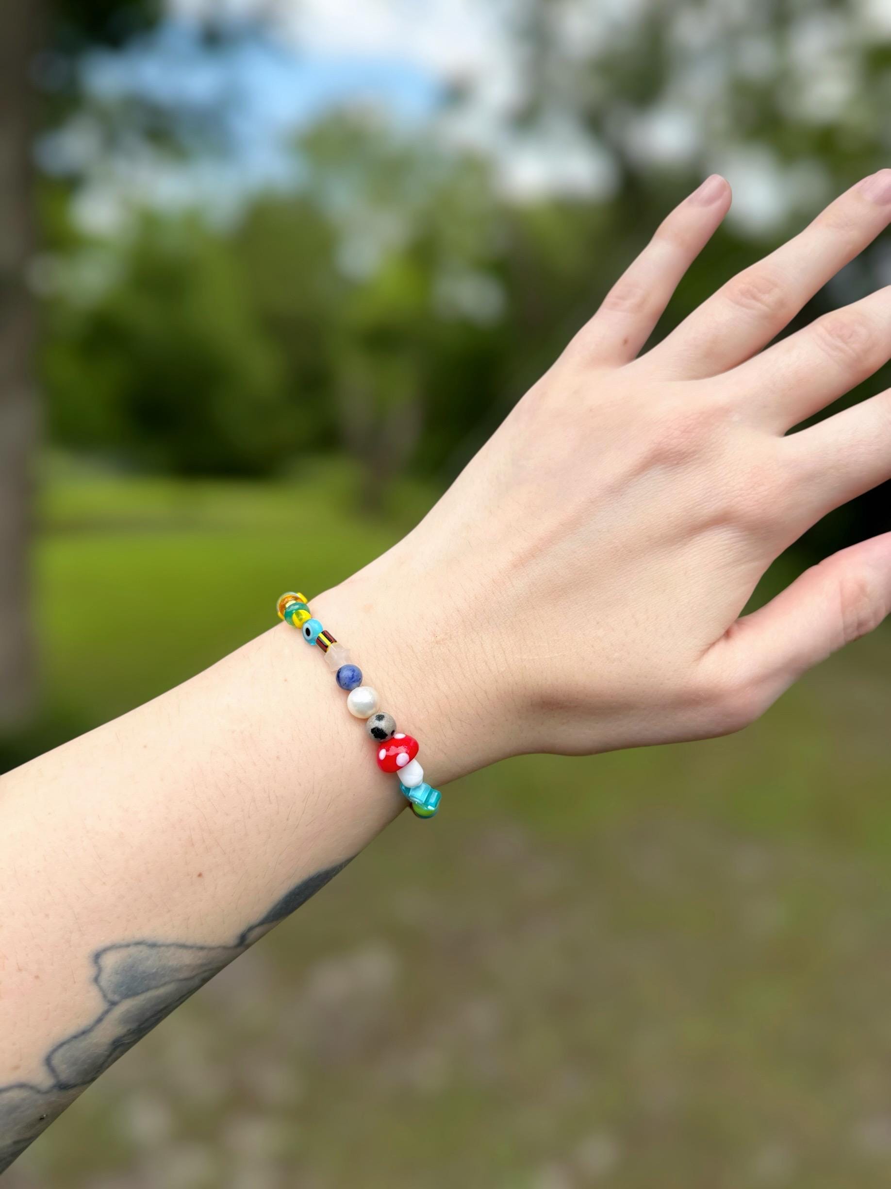 Colorful Beaded Stretch Bracelet: Glass Gemstone Charms, Handmade