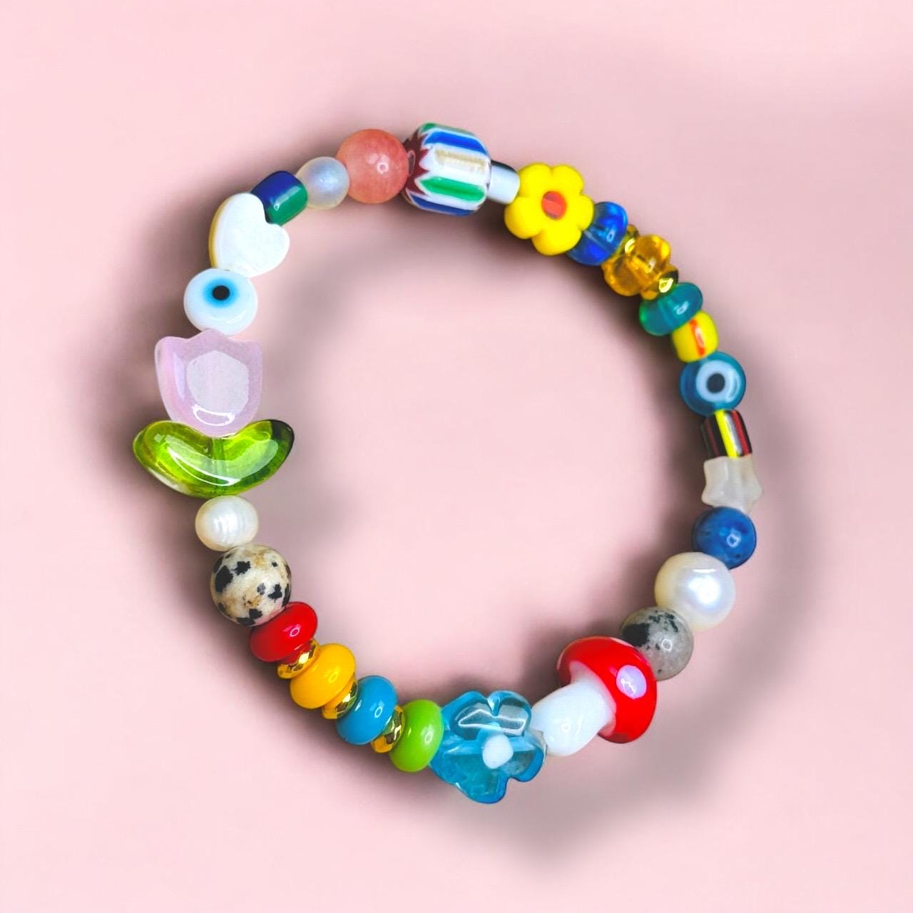 Colorful Beaded Stretch Bracelet: Glass Gemstone Charms, Handmade