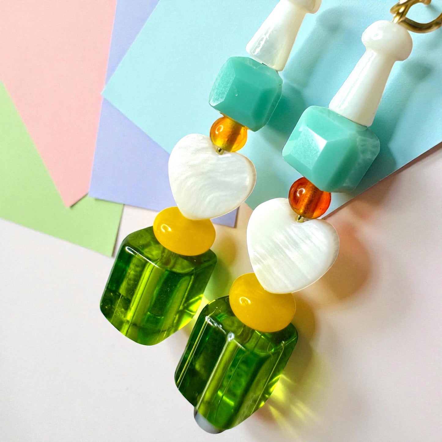 Handmade Beaded Heart Dangle Earrings: Retro Lemon Lime Jewelry