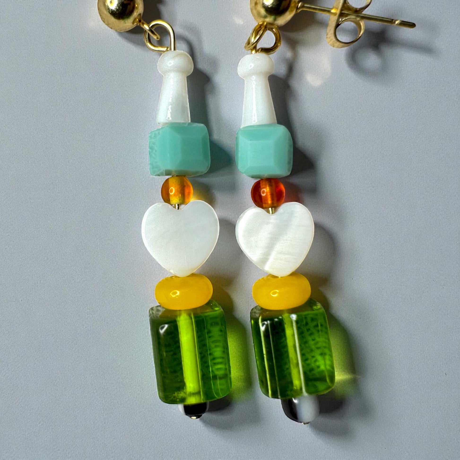 Handmade Beaded Heart Dangle Earrings: Retro Lemon Lime Jewelry