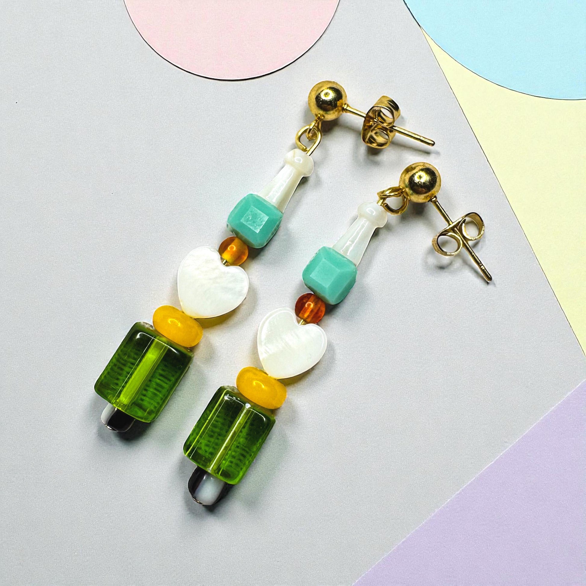 Handmade Beaded Heart Dangle Earrings: Retro Lemon Lime Jewelry