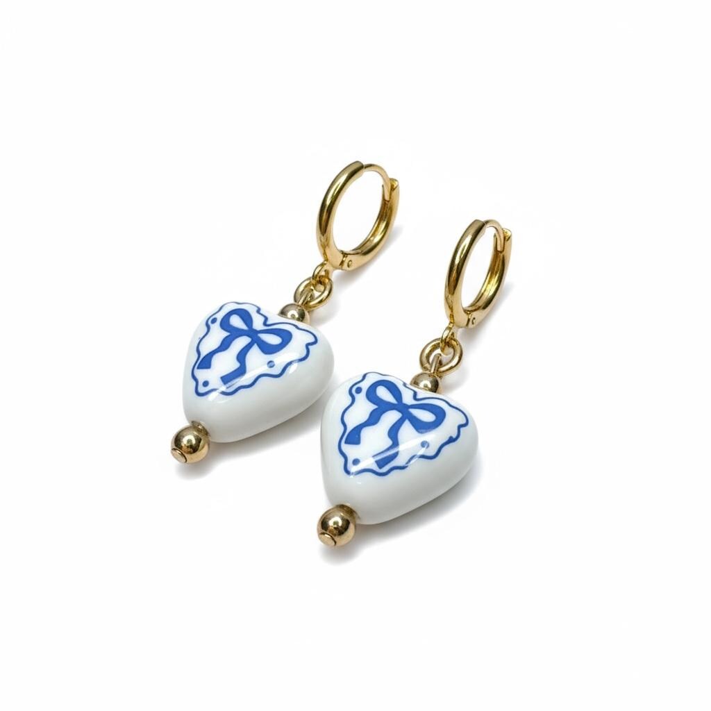 Blue Bow Heart Earrings: Porcelain Dangle Earrings, Gold Hoops