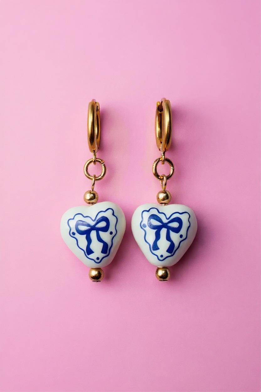 Blue Bow Heart Earrings: Porcelain Dangle Earrings, Gold Hoops