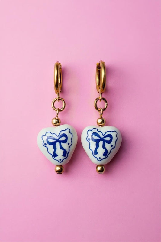 Blue Bow Heart Earrings: Porcelain Dangle Earrings, Gold Hoops
