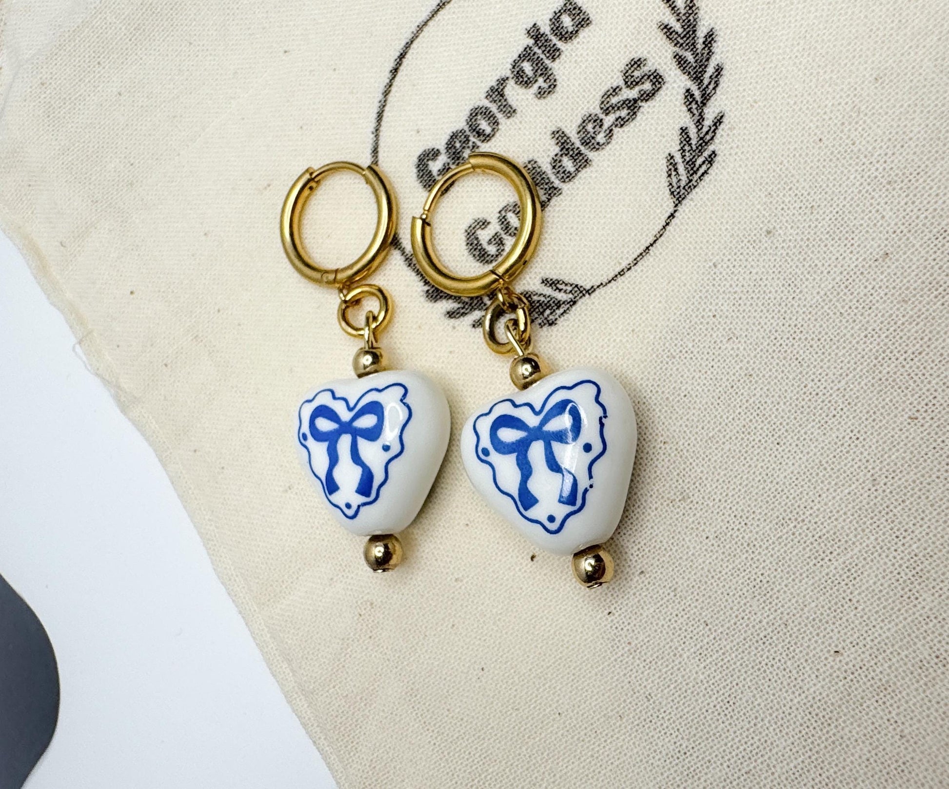 Blue Bow Heart Earrings: Porcelain Dangle Earrings, Gold Hoops