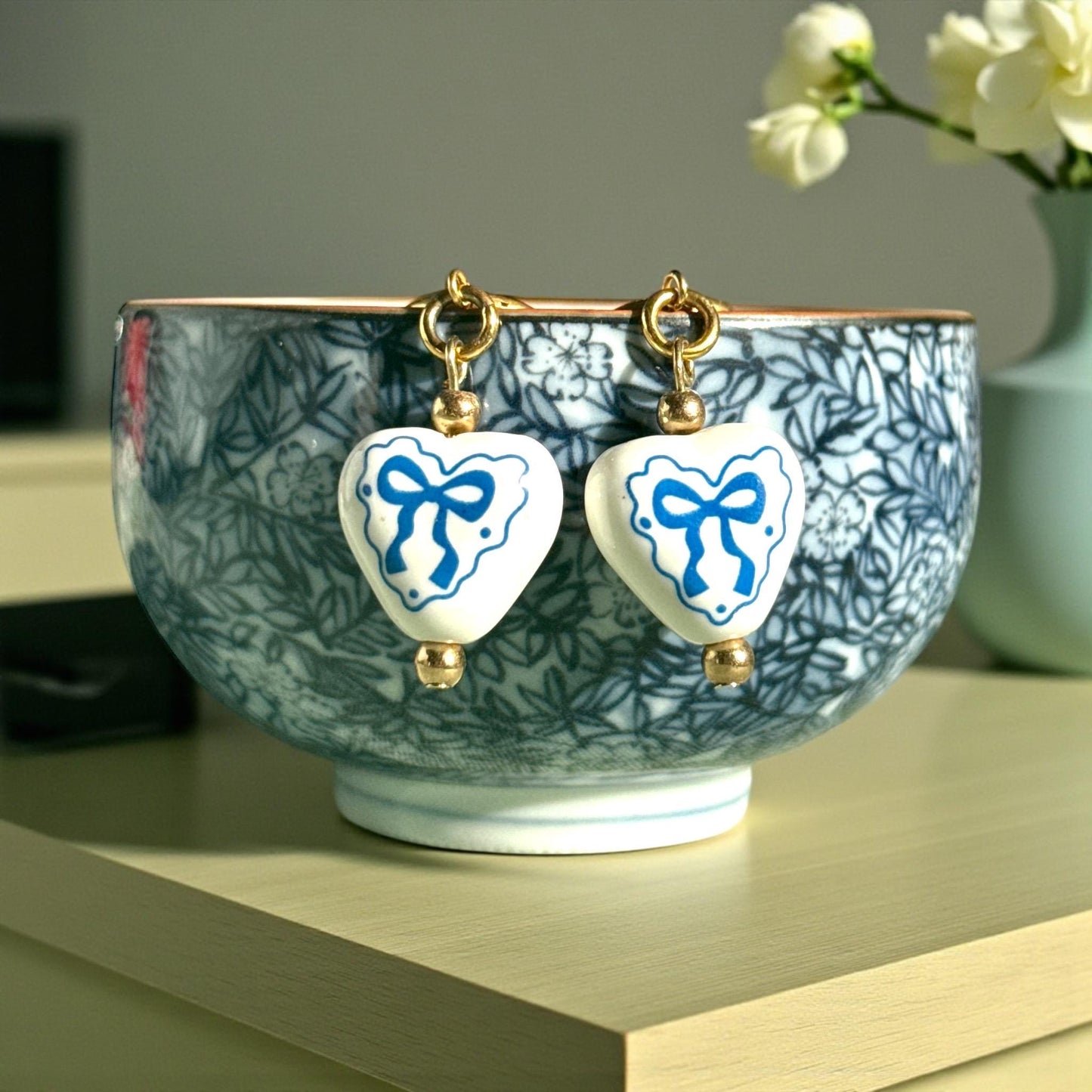 Blue Bow Heart Earrings: Porcelain Dangle Earrings, Gold Hoops