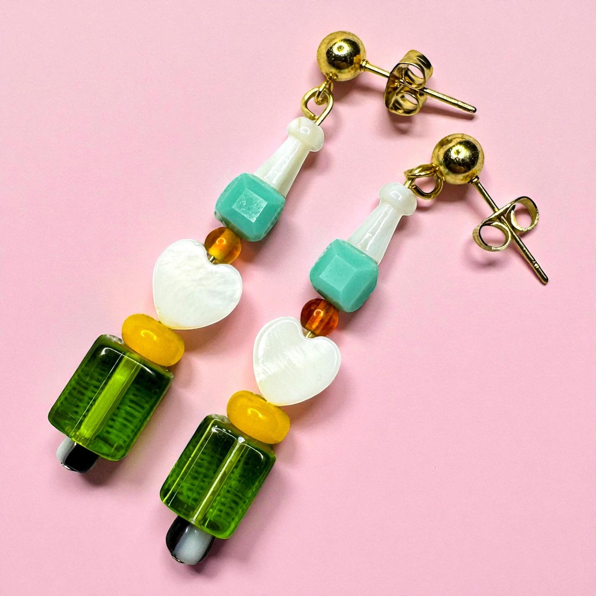 Handmade Beaded Heart Dangle Earrings: Retro Lemon Lime Jewelry