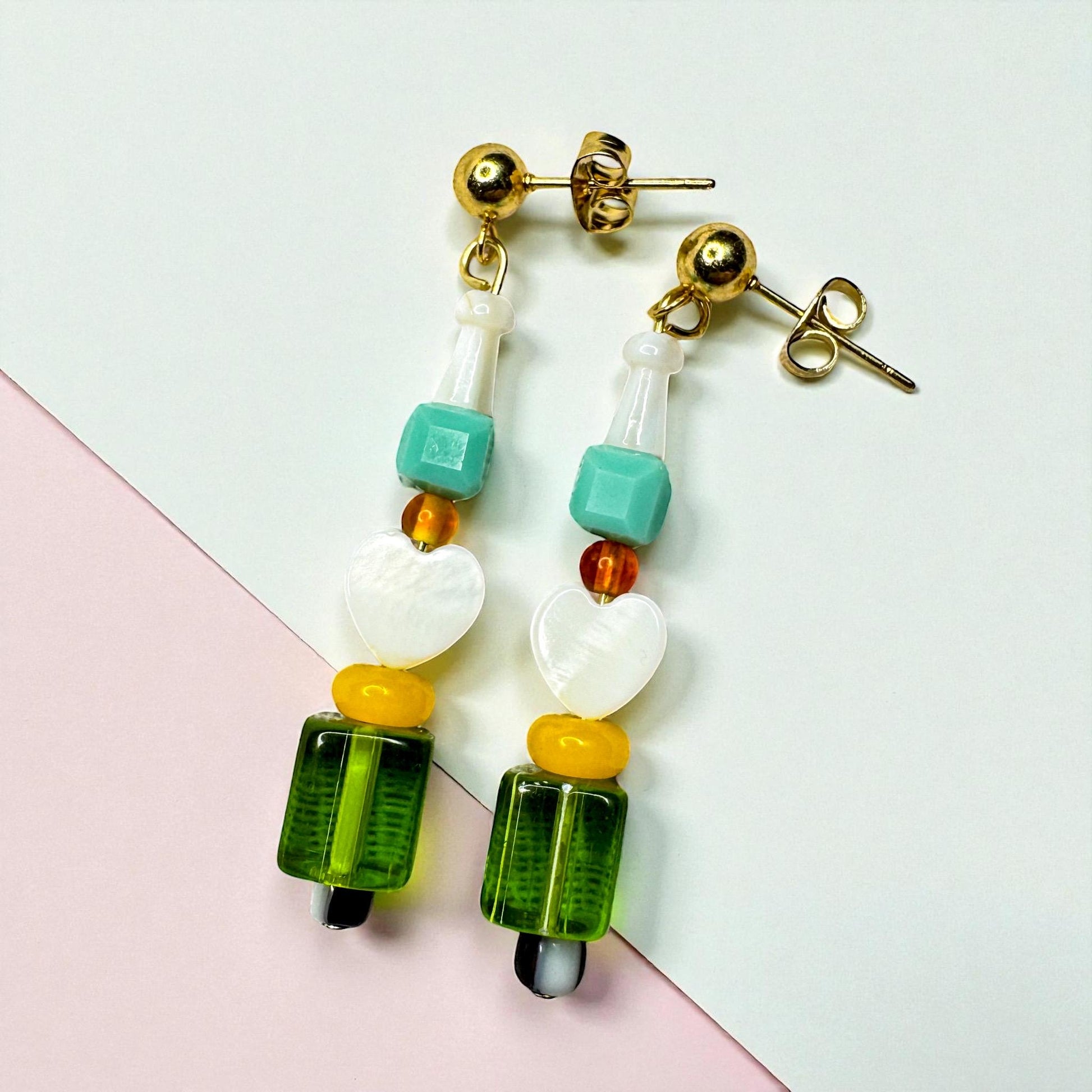 Handmade Beaded Heart Dangle Earrings: Retro Lemon Lime Jewelry
