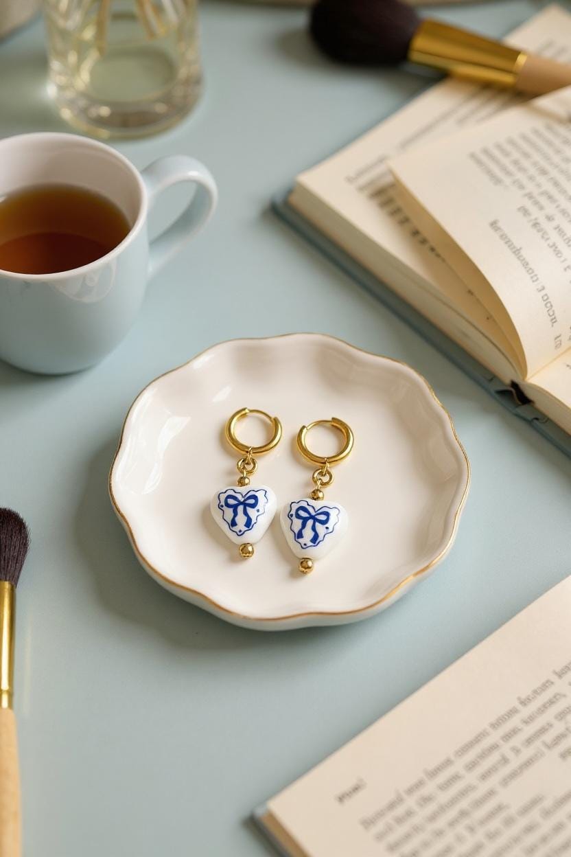 Blue Bow Heart Earrings: Porcelain Dangle Earrings, Gold Hoops