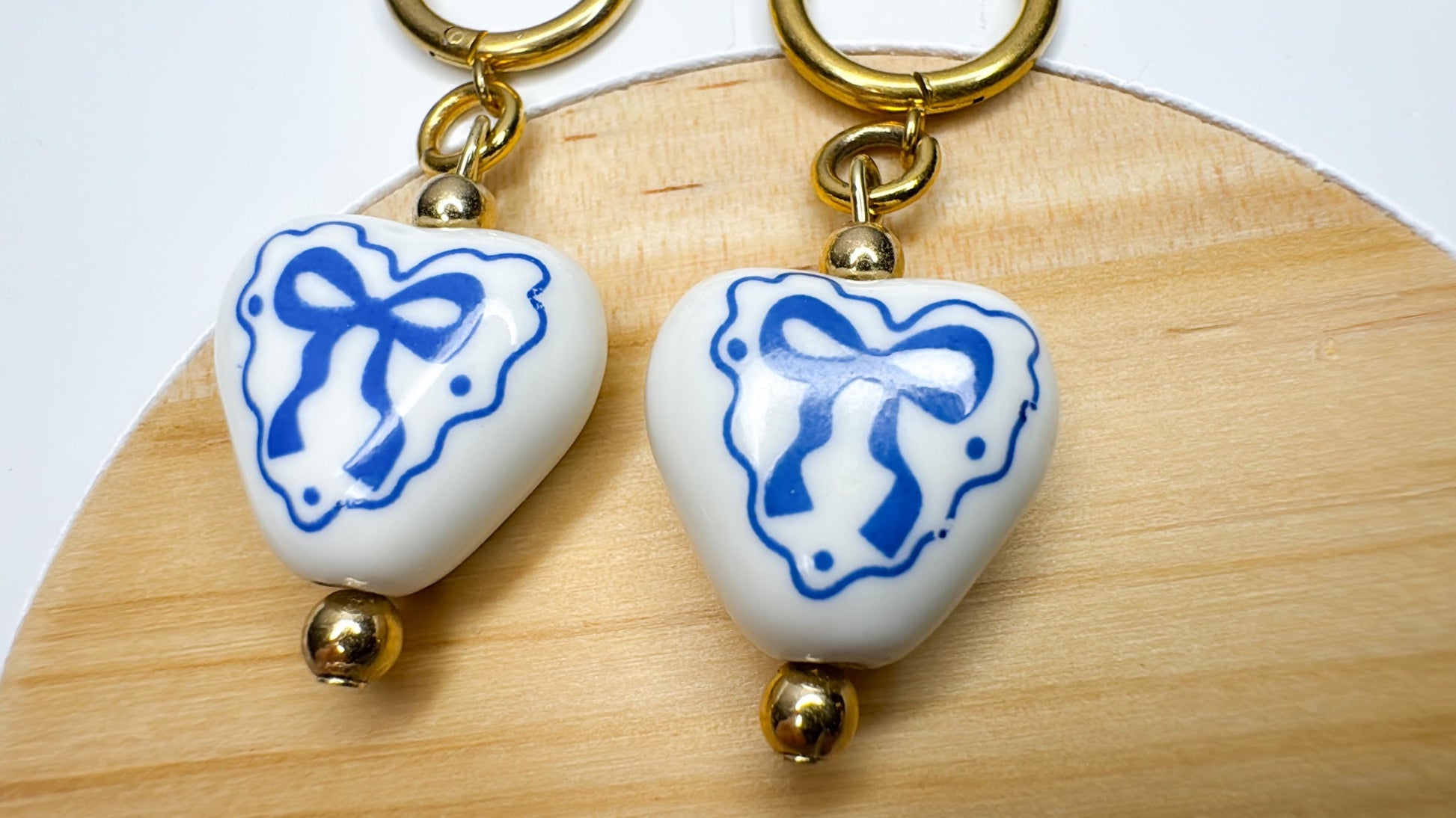 Blue Bow Heart Earrings: Porcelain Dangle Earrings, Gold Hoops