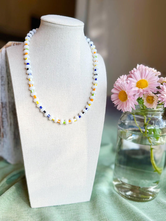 White Beaded Rondelle Necklace With Striped Accents - Handmade Minimalist Layering Jewelry