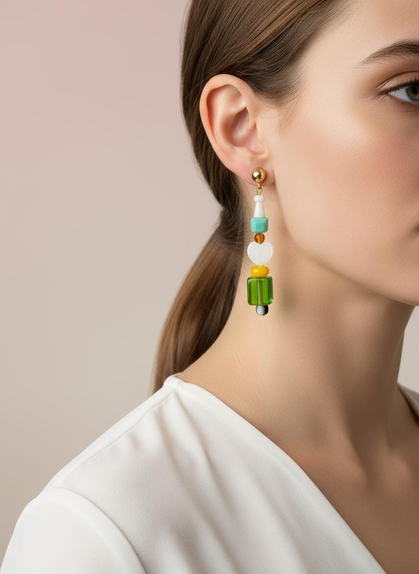 Handmade Beaded Heart Dangle Earrings: Retro Lemon Lime Jewelry