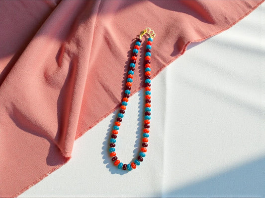 Handmade Boho Glass Bead Layering Necklace, Maroon Orange Cerulean Blue