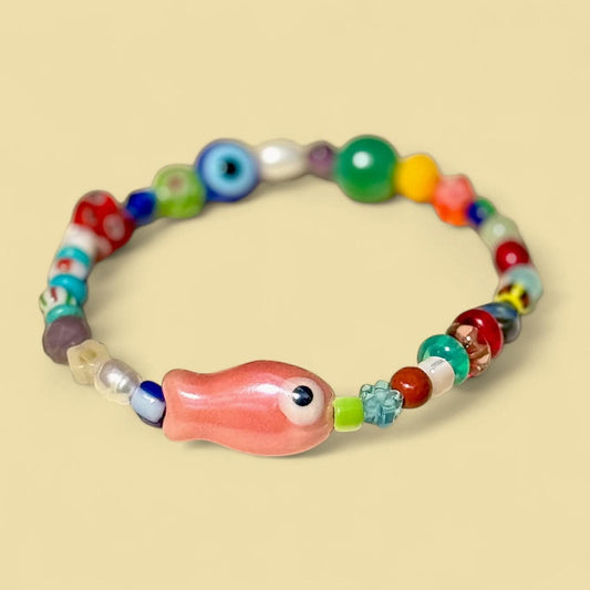 Evil Eye Fish Charm Bracelet: Freshwater Pearls & Glass Beads
