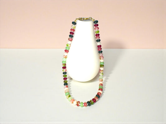 Handmade Watermelon Glass Bead Necklace – Boho Gold Clasp Jewelry