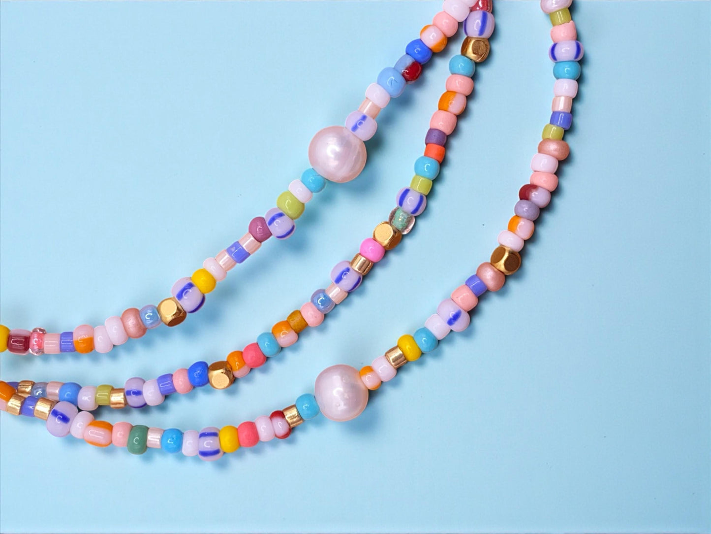 Colorful Beaded Bracelet with Freshwater Pearls, 2 mm Glass Beads, Handmade Boho Stack