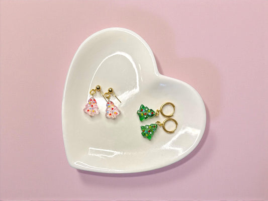 Kawaii Christmas Tree Earrings – Acrylic Holiday Jewelry, Gold Hoops or Studs