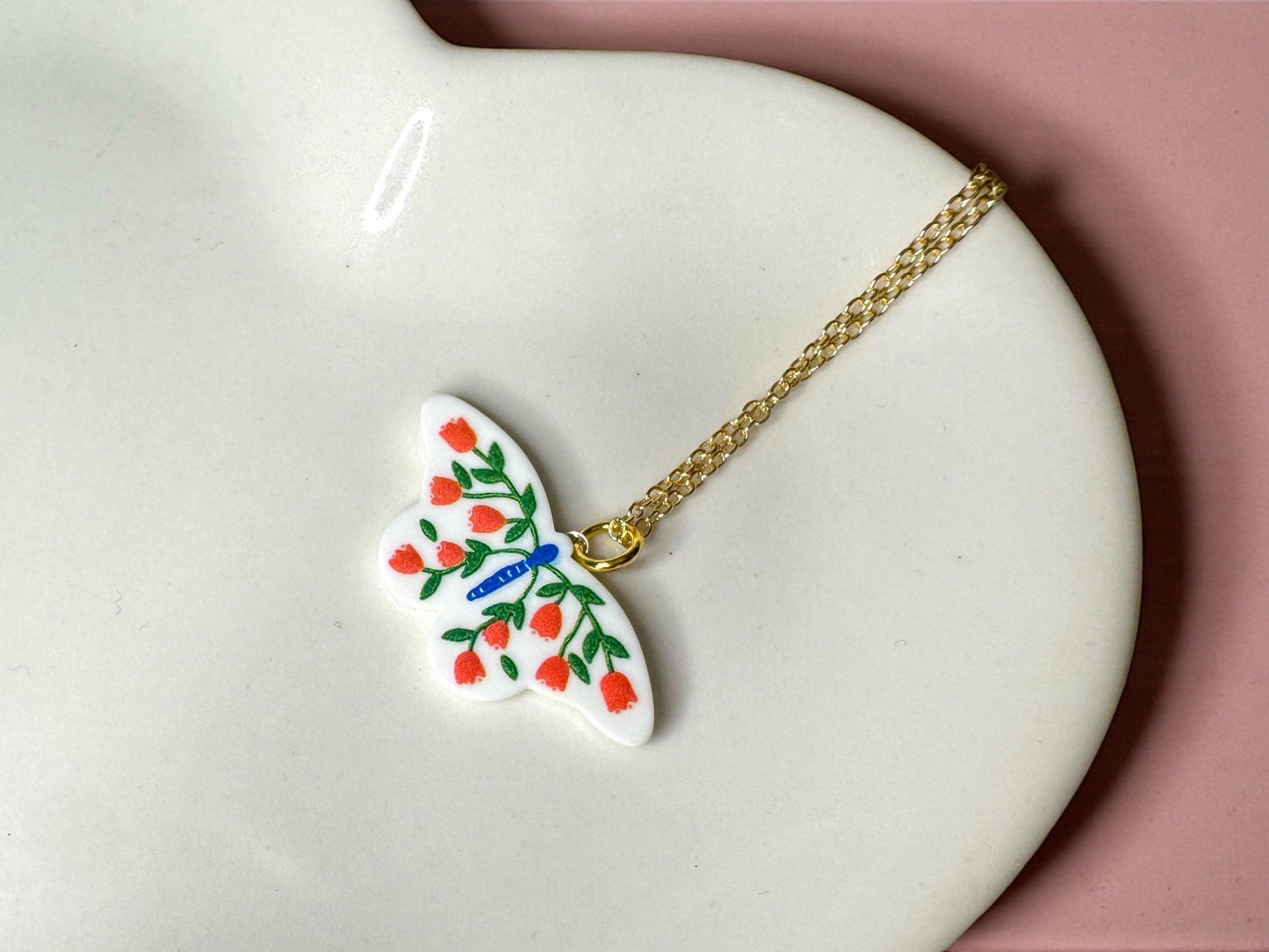 Hand Painted Ceramic Butterfly Pendant Necklace - Adjustable Boho Jewelry
