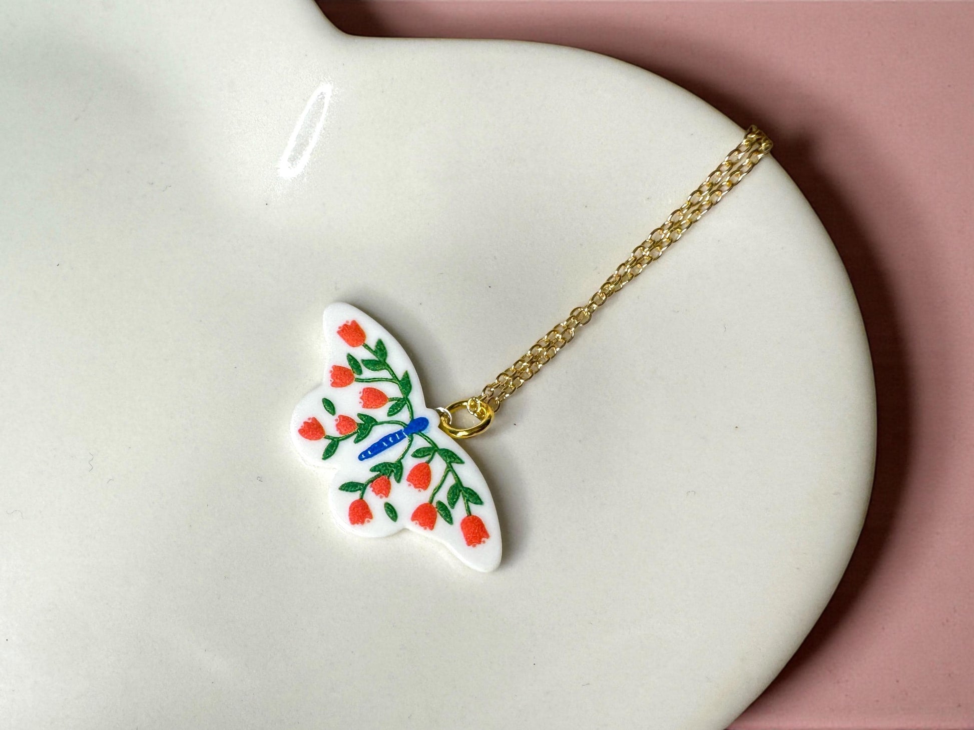 Hand Painted Ceramic Butterfly Pendant Necklace - Adjustable Boho Jewelry