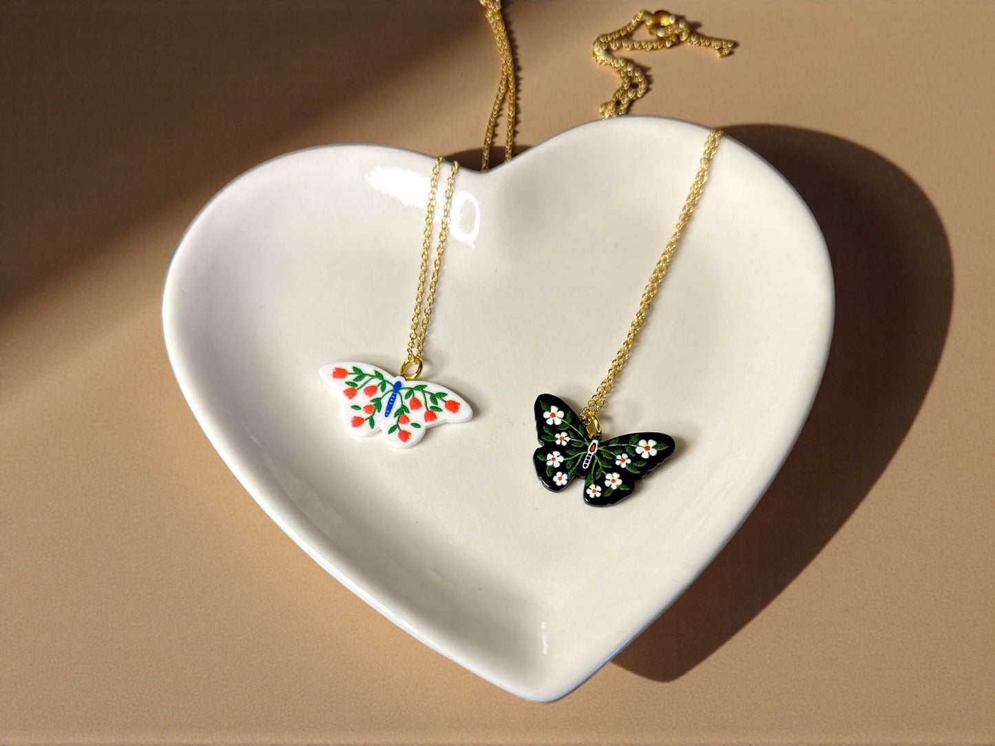 Hand Painted Ceramic Butterfly Pendant Necklace - Adjustable Boho Jewelry