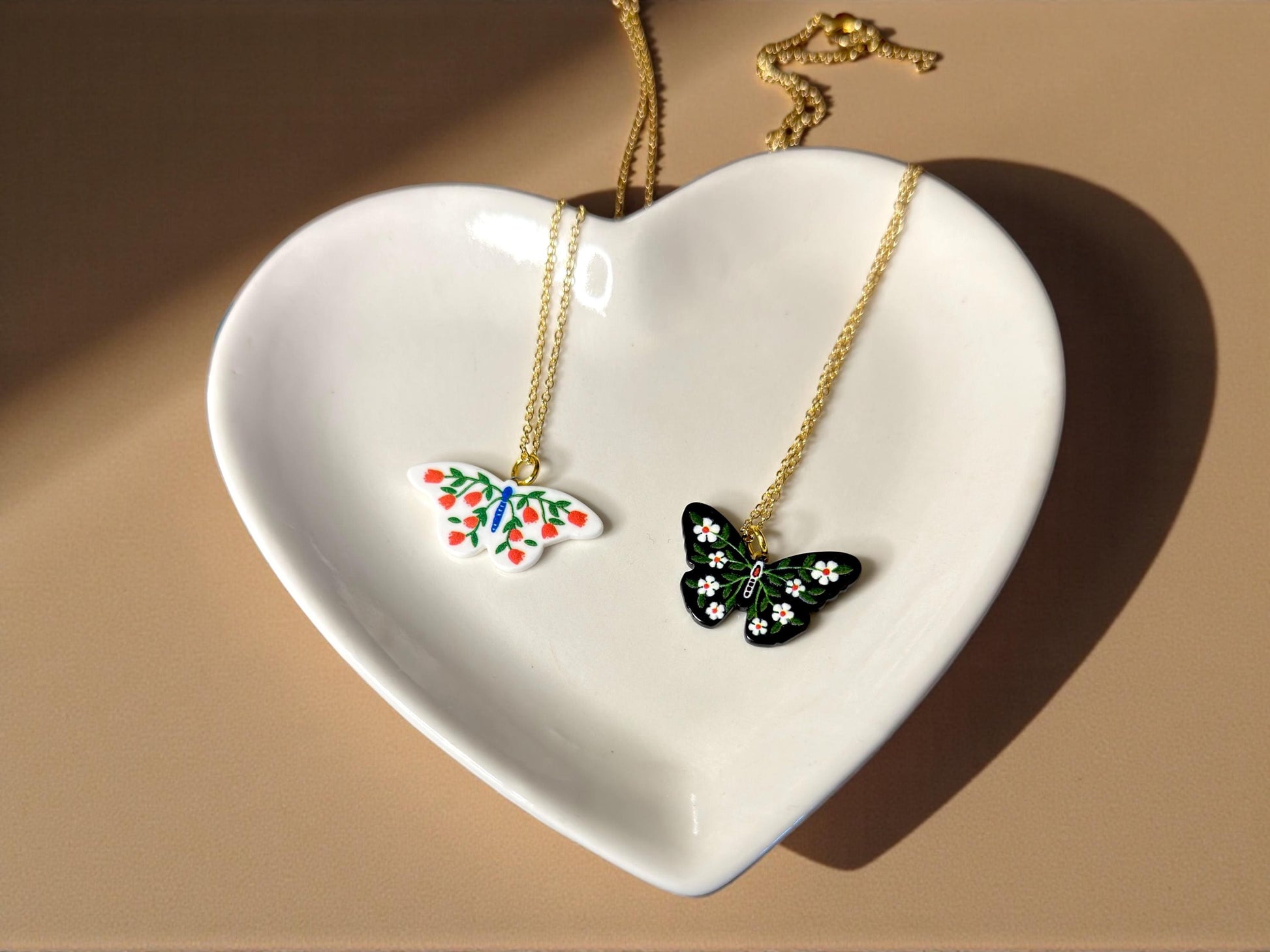 Hand Painted Ceramic Butterfly Pendant Necklace - Adjustable Boho Jewelry