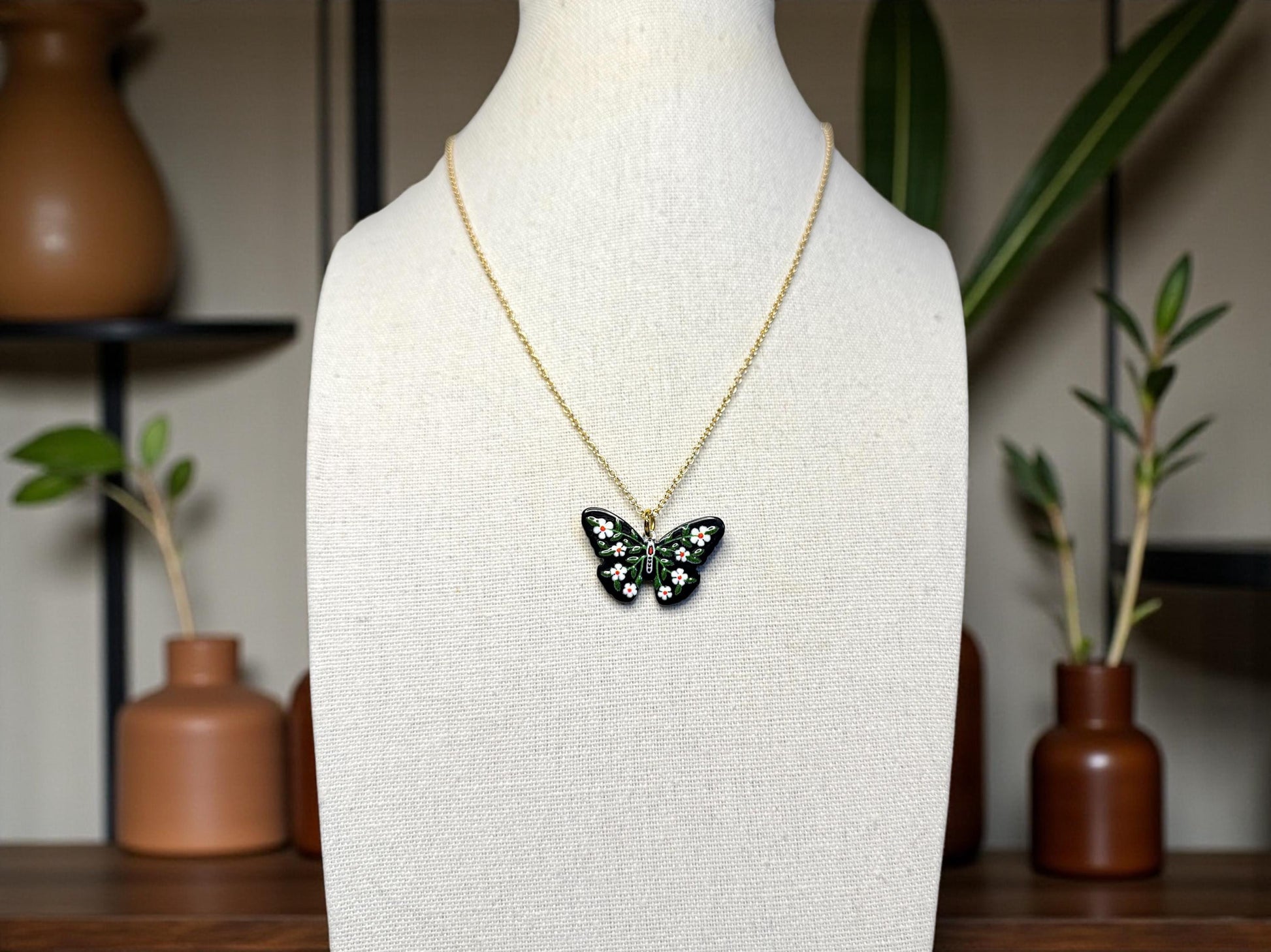 Hand Painted Ceramic Butterfly Pendant Necklace - Adjustable Boho Jewelry
